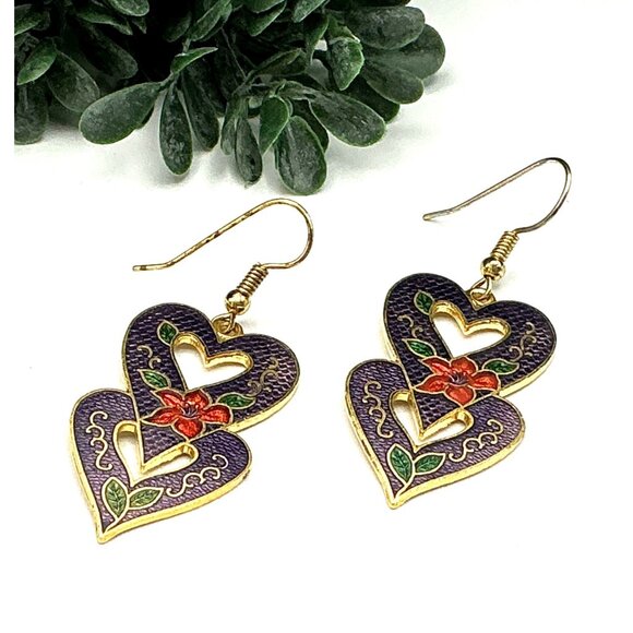 Vintage Style Cloisonne Purple Heart-Shaped Dangle Earrings With Floral Design - Picture 1 of 4